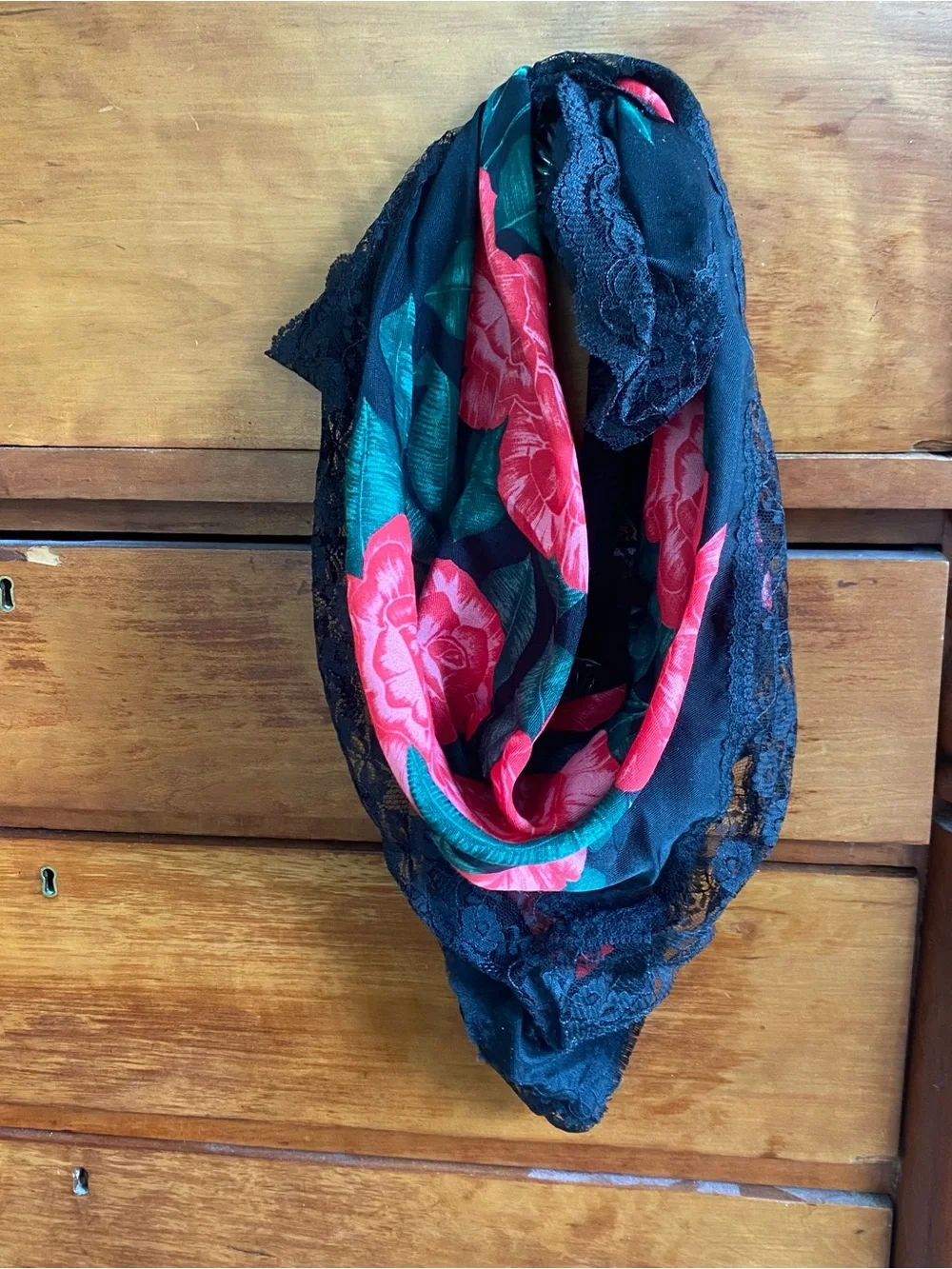Black Floral Square Scarf Red Roses Lace Trim 35-inch square Whimsigoth Romantic